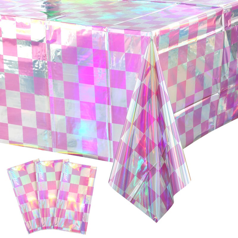 FunnyPars 3 Pack Pink and Iridescent Checkered Plastic Tablecloth  Shiny Disposable Laser Rectangle Table Covers  Holographic Foil Tablecloth Iridescent Party Decorations for Picnic Camping Outdoor  54x108Inch - Image 1